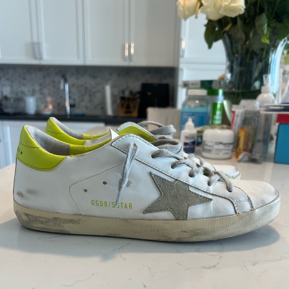 Golden Goose White Sneakers with Gray Star and Neon Yellow Heel - Picture 10 of 13